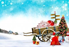 Снеговик с елкой и возом подарков в снегу